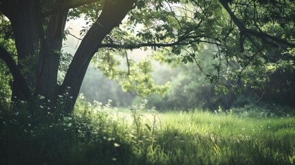 Fototapeta premium Natural dorest of woods with sunbeams through fog and leaves branch create mystic atmosphere. natural green beech forest in the morning light. busy forest with wood tree