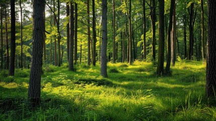 Obraz premium Natural dorest of woods with sunbeams through fog and leaves branch create mystic atmosphere. natural green beech forest in the morning light. busy forest with wood tree