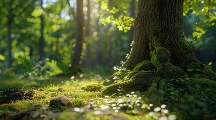 Obraz premium Natural dorest of woods with sunbeams through fog and leaves branch create mystic atmosphere. natural green beech forest in the morning light. busy forest with wood tree