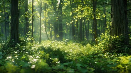 Fototapeta premium Natural dorest of woods with sunbeams through fog and leaves branch create mystic atmosphere. natural green beech forest in the morning light. busy forest with wood tree