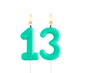 Birthday number 13 - Green birthday candle on white background