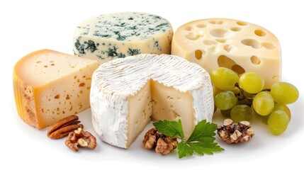 20. Various types of cheese with grapes and nuts on a white background