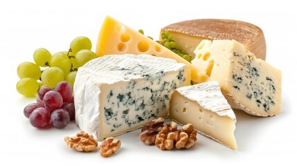 20. Various types of cheese with grapes and nuts on a white background
