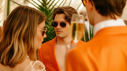 Glamorous retro-themed party, guests dressed in mid-century attire, vibrant setting with vintage decor and a throwback to the golden age of style