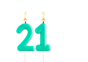 Birthday number 21 - Green birthday candle on white background