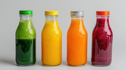21. Freshly squeezed juice in glass bottles on a white background