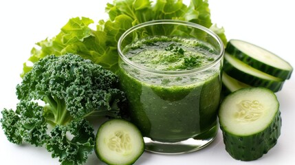 24. Fresh green smoothie with ingredients on a white background