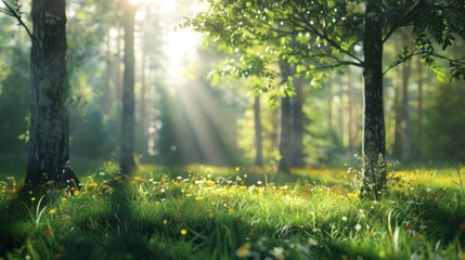 Obraz premium Natural dorest of woods with sunbeams through fog and leaves branch create mystic atmosphere. natural green beech forest in the morning light. busy forest with wood tree