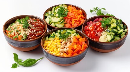 28. Fresh vegetable salad with various toppings on a white background