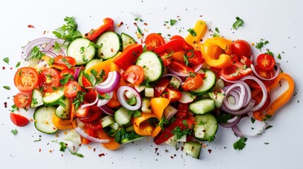 28. Fresh vegetable salad with various toppings on a white background