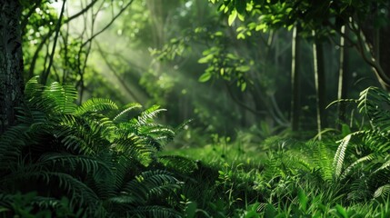 Fototapeta premium Natural dorest of woods with sunbeams through fog and leaves branch create mystic atmosphere. natural green beech forest in the morning light. busy forest with wood tree