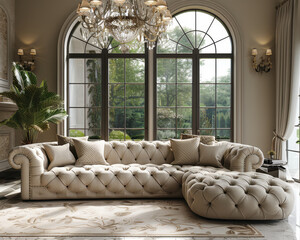 Luxurious Living Room Interior with Tufted Sofa, Elegant Drapes, and Crystal Chandelier in 3D Render