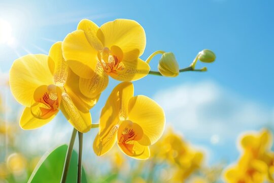 Orchids in a sunny meadow, ideal for travel or nature-themed projects