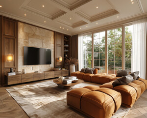 Fototapeta premium Luxurious Transitional Living Room with Classic and Modern Design Elements | 3D Render Interior Showcase