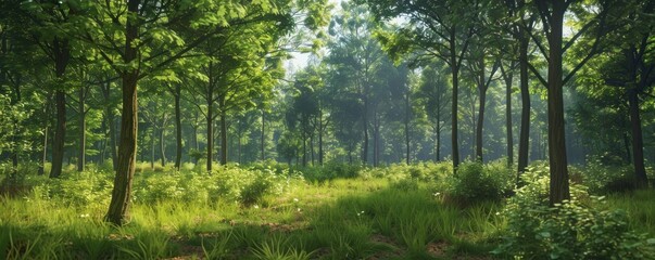 Obraz premium Natural dorest of woods with sunbeams through fog and leaves branch create mystic atmosphere. natural green beech forest in the morning light. busy forest with wood tree