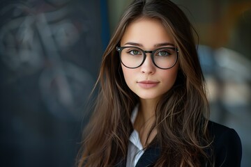Young businesswoman with eyeglasses is posing in front of a window in office building