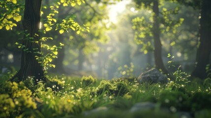 Natural dorest of woods with sunbeams through fog and leaves branch create mystic atmosphere. natural green beech forest in the morning light. busy forest with wood tree