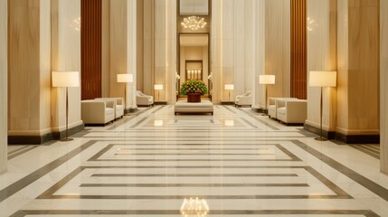 Opulent 1920s Art Deco hotel lobby, adorned with lavish decorations, sleek lines, and modernist touches, radiating luxury and elegance