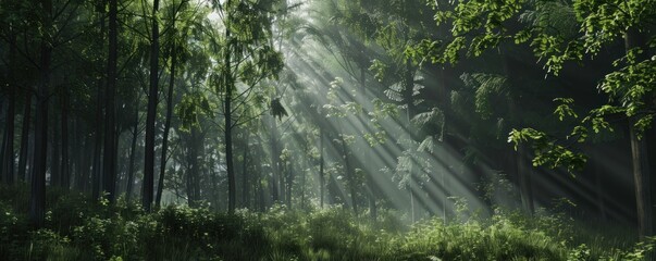 Obraz premium Natural dorest of woods with sunbeams through fog and leaves branch create mystic atmosphere. natural green beech forest in the morning light. busy forest with wood tree