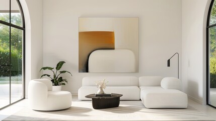 Interior design showcasing elegant furniture with trim lines, accentuated by expressionistic artwork, creating a blend of sophistication and artistic flair