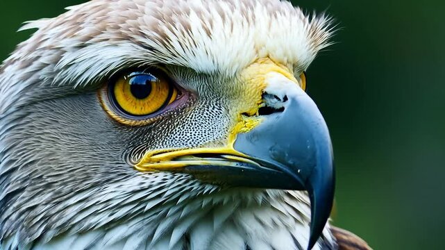 Close up of the head of a bald eagle with a sharp beak in the wild.