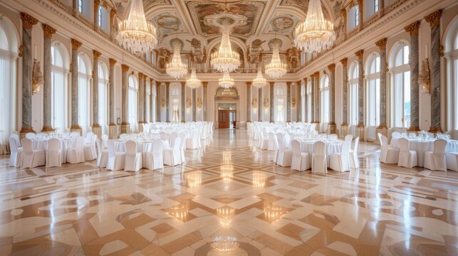 Lavish ballroom in a historic castle, adorned with crystal chandeliers and ornate details, a throwback to grand celebrations of the past, exuding timeless elegance