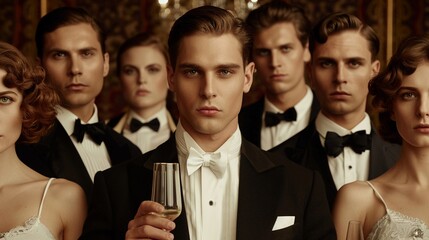 Men and women in 1920s outfits, sharp suits and flapper dresses, highlighting the era's iconic shapes and fashion trends, set against a jazz club backdrop