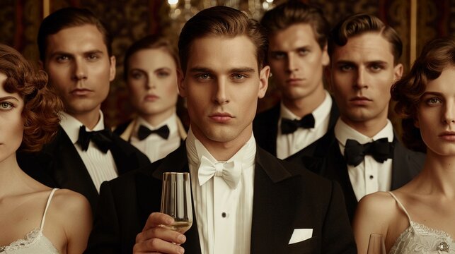 Men and women in 1920s outfits, sharp suits and flapper dresses, highlighting the era's iconic shapes and fashion trends, set against a jazz club backdrop