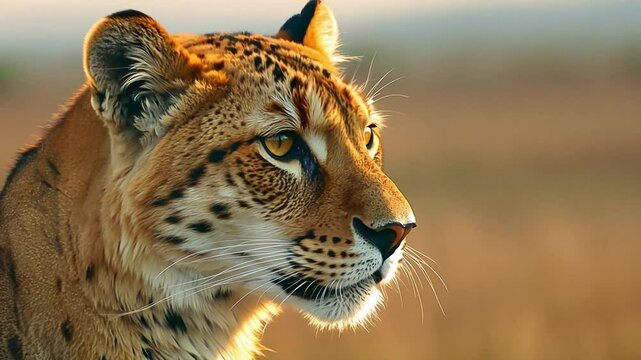 Close up of the head of a cheetah in the savannah.