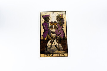 Tarot cards, Waite Rider tarot cards, the two of cups card in the foreground on a background of available deck cards