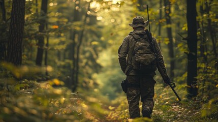 Fototapeta premium A hunter tracking wildlife through a dense forest with a rifle in hand, in pursuit of game