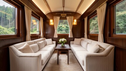 Historic luxury train carriage, beautifully preserved with rich wood interiors and plush seating, a nostalgic throwback to the golden age of rail travel