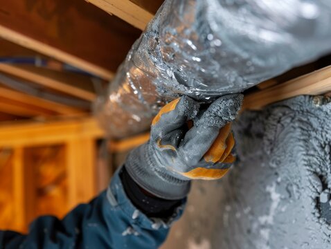 A gloved hand inspecting a metal ductwork in a basement.