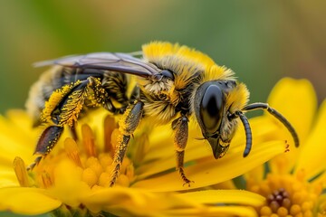 Bee covered in pollen is pollinating a yellow flower in a macro photography shot