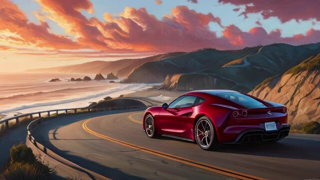 sports car and oil painting, accelerating along the serpentine coastal roads created with generative ai	