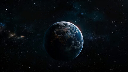 An image of planet Earth in the center of the frame, surrounded by the dark expanse of space. The Earth is partially illuminated, showing the transition from day to night.