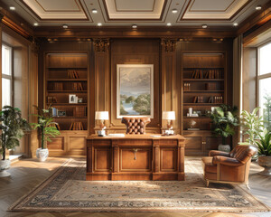 Luxurious Executive Office Interior with Mahogany Desk and Leather Chairs in Classic Design