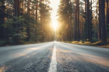 Fototapeta premium A serene road lined with tall trees bathed in the soft glow of sunrise, providing a peaceful and scenic travel experience.