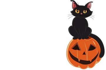 Halloween banner, black cat sitting on Jack-o'-lantern pumpkin, white background, free space for text