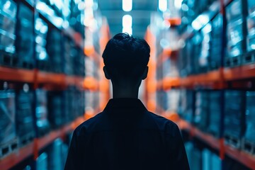 Silhouette of a person working with blockchain technology in logistics, Silhouette technology logistics manager automation, Blockchain logistics