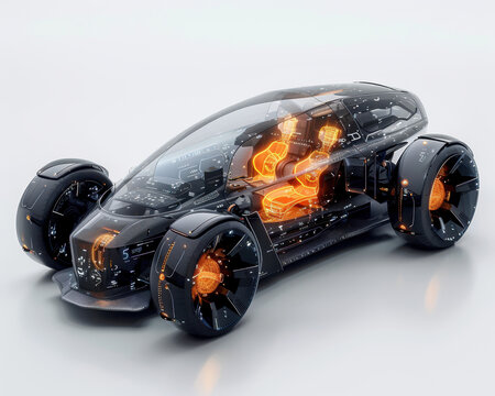 Futuristic Electric Vehicle Concept with Transparent Doors and Digital Dashboard in Full-frame 3D Render