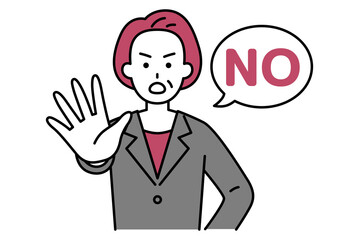 右手を前に出してNOと言う中年のスーツの女性