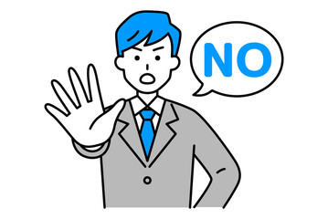 右手を前に出してNOと言うスーツの男性