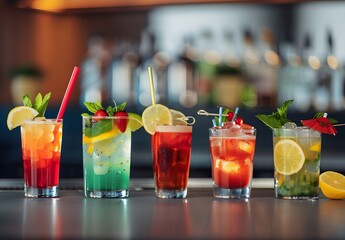 Colorful Cocktails on Bar Counter in Restaurant