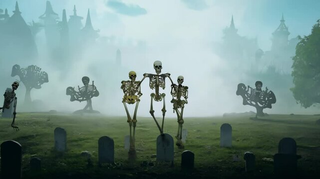 Skeletal figures dance amidst foggy tombstones. Wide shot captures ethereal movement, muted colors enhance supernatural atmosphere. Macabre celebration exudes eerie charm and otherworldly fascination.