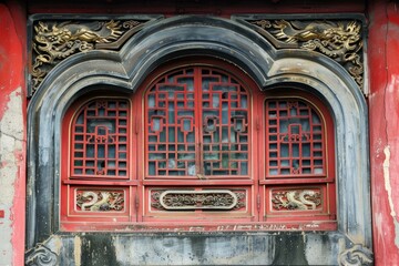 Fototapeta premium Old red chinese window with golden dragon sculptures showing traditional asian architecture