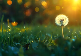 Sunlight Illuminates Dandelion in Meadow