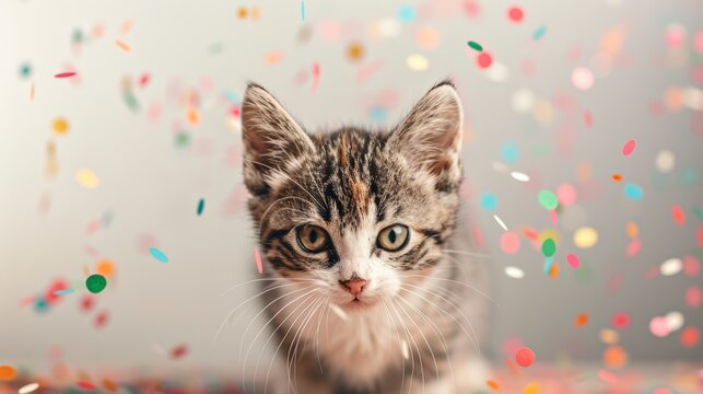 Adorable kitten surrounded by colorful confetti, capturing a festive and joyful moment. Perfect for celebrations and cheerful themes.