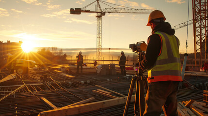 The surveyor stands in the foreground, wielding a theodolite and holding documents in his hands.