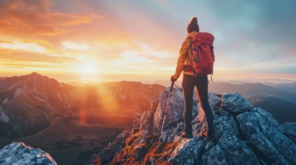 Obraz premium Triumphant woman hiker scaling sunrise mountain peak with backpack adventure travel concept